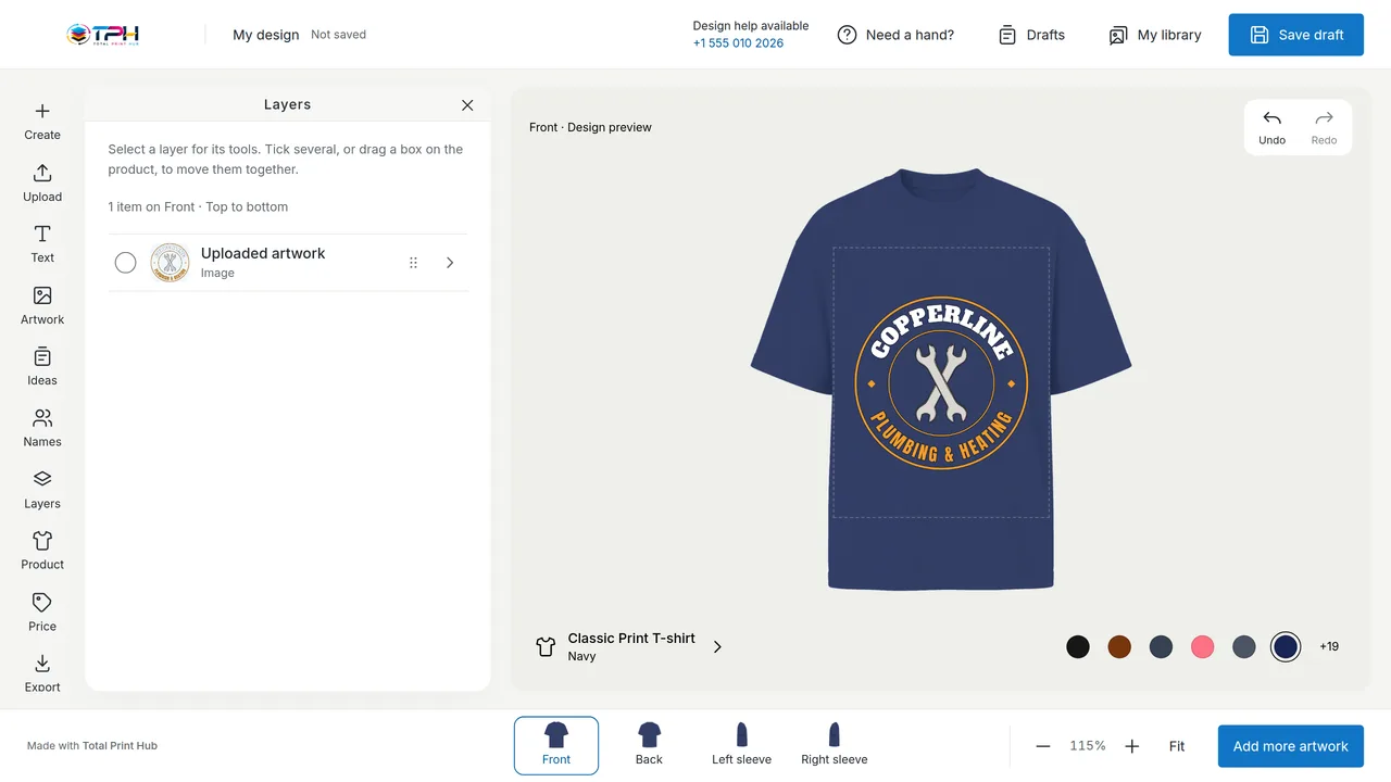 The Total Print Hub Design Studio: a navy Classic Print T-shirt with the Copperline Plumbing & Heating round badge on its front print area, the Layers panel listing the uploaded artwork, and Front, Back and sleeve views along the bottom.